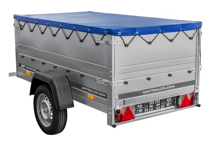 Gartenanhänger 200 Kipp mit Stützrad, zwei Seitenwänden, H-0-Rahmen und blauer Plane