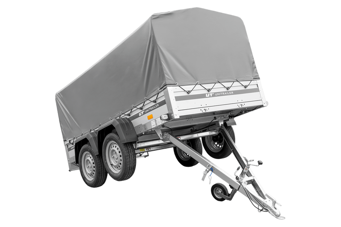 Zweiachsiger Anhänger mit Aluminiumseitenwänden 264x125 Unitrailer Garden 264/2 KIPP ALU mit H-800 Rahmen und grauer Plane