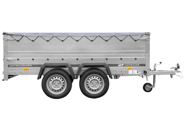 GARTENANHÄNGER 264/2 KIPP Zweiachs-Anhänger mit Stützrad, H-0-Rahmen, zusätzlichen Bordwänden und grauer Plane