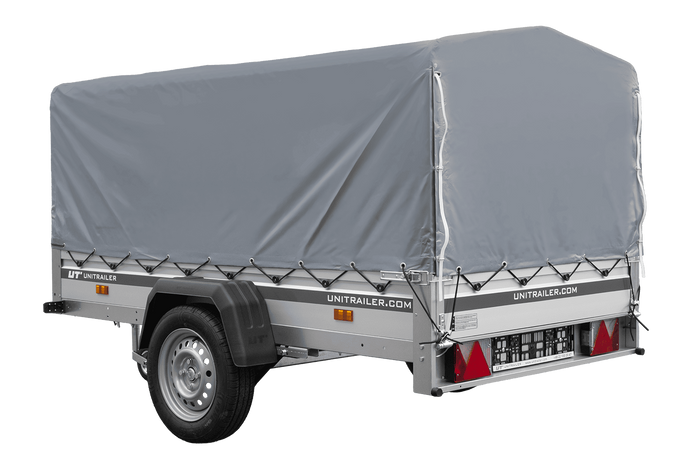 Einachsiger Anhänger auf Blattfedern mit Aluminiumseitenwänden 230x125 Unitrailer Garden 230/R KIPP ALU mit H-800 Rahmen und grauer Plane