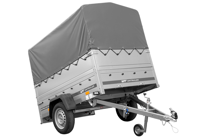 PKW-Anhänger 200x125 UNITRAILER GARDEN 201 KIPP mit Bordwandaufsatz und grauer Hochplane