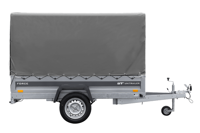 Anhänger mit Blattfedern 230x125 UNITRAILER FORCE 230/R KIPP mit H-1100 Spriegel und grauer Hochplane
