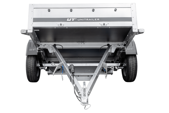 Einachsanhänger auf Federn 200x125 UNITRAILER GARDEN 201/R KIPP mit Gitterwänden, H-800-Rahmen und blauer Plane