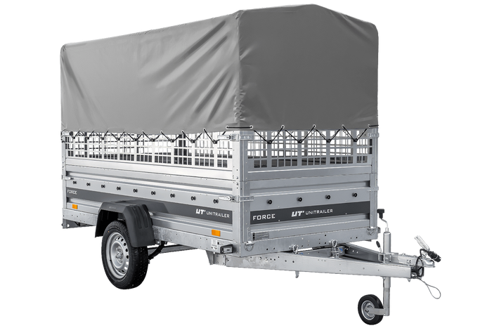 Autotransportanhänger auf Federn 264x125 UNITRAILER FORCE 264/R KIPP mit Gitterwänden, H-800 Rahmen und grauer Plane