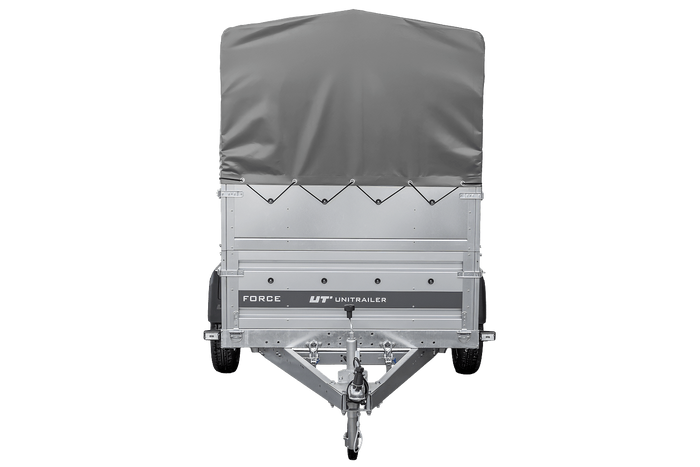 Einachsiger Federanhänger 230x125 UNITRAILER FORCE 230/R KIPP mit BIS-Seitenwänden, H-800-Rahmen und grauer Plane
