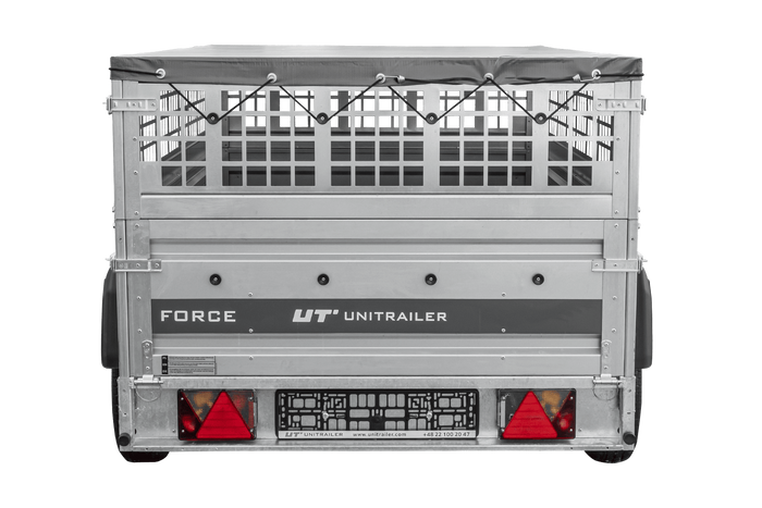Einachsanhänger 230x125 UNITRAILER FORCE 230 KIPP mit Gitterwänden, H-0-Rahmen und grauer Plane