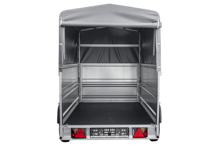 Autotransportanhänger 230x125 UNITRAILER FORCE 230 KIPP mit BIS-Seitenwänden, H-800-Rahmen und grauer Plane