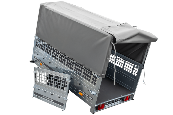 PKW-Anhänger 230x125 UNITRAILER GARDEN 230 KIPP mit Gitterwänden und grauer Hochplane