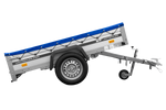 Einachsiger Anhänger auf Blattfedern mit Aluminiumseitenwänden 200x125 Unitrailer Garden 201/R KIPP ALU mit H-0-Rahmen und blauer Plane