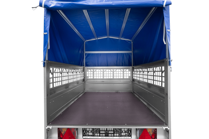 Autoanhänger 200x125 UNITRAILER GARDEN 201 KIPP mit Netzseitenwänden, H-800 Rahmen und grauer Plane