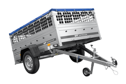 PKW-Anhänger 200x125 UNITRAILER GARDEN 201 KIPP mit Gitteraufsatz und blauer Flachplane 