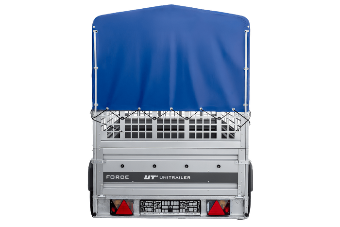 Autotransportanhänger auf Federn 264x125 UNITRAILER FORCE 264/R KIPP mit Gitterwänden, H-800 Rahmen und blauer Plane
