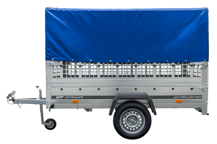 PKW-Anhänger 230x125 UNITRAILER GARDEN 230 KIPP mit Gitterseitenwänden und blauer Hochplane 80 cm