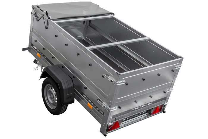 Gartenanhänger 200 Kipp mit Stützrad, zwei Seitenwänden, H-0-Rahmen und grauer Plane