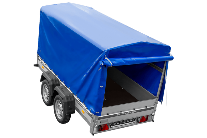 Zweiachsiger Anhänger mit Aluminiumseitenwänden 264x125 Unitrailer Garden 264/2 KIPP ALU mit Rahmen H-1100 und blauer Plane