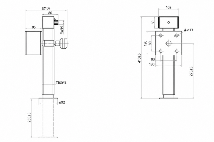 UNITRAILER JL2 ausziehbare Kurbelstütze für 1300 kg Pritschenanhänger 410-645 mm