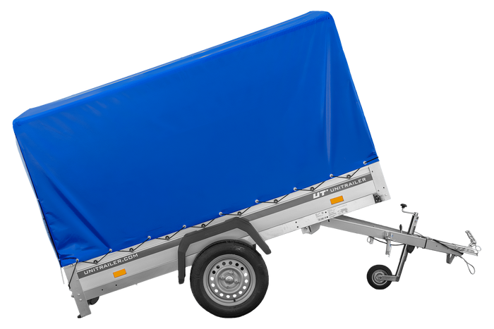 Autotransportanhänger mit Aluminiumwänden 230x125 Unitrailer Garden 230 KIPP ALU mit H1100-Rahmen und blauer Plane