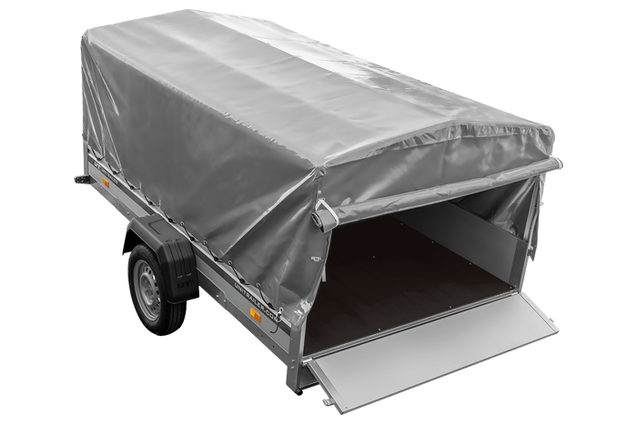 Einachsanhänger mit Aluminiumseitenwänden 264x150 Unitrailer Garden 265 KIPP ALU mit H-800 Rahmen und grauer Plane