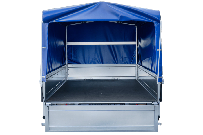 Einachsanhänger mit Blattfedern 264x125 UNITRAILER GARDEN 264/R KIPP mit H-800-Rahmen und blauer Plane