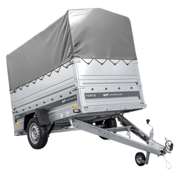 Einachsiger Federanhänger 230x125 UNITRAILER FORCE 230/R KIPP mit BIS-Seitenwänden, H-800-Rahmen und grauer Plane