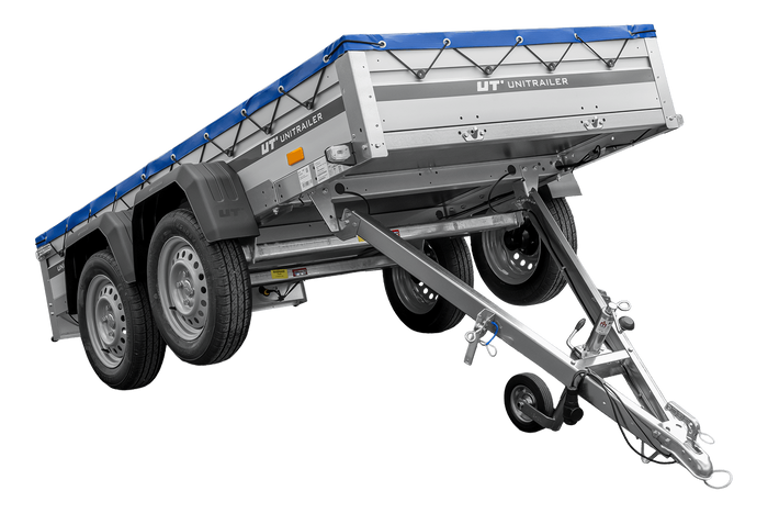 Zweiachsiger Anhänger mit Aluminiumseitenwänden 264x125 Unitrailer Garden 264/2 KIPP ALU mit H-0-Rahmen und blauer Plane