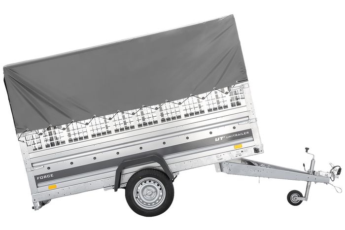 Autotransportanhänger auf Federn 264x125 UNITRAILER FORCE 264/R KIPP mit Gitterwänden, H-800 Rahmen und grauer Plane