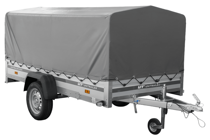 Einachsanhänger mit Aluminiumseitenwänden 264x125 Unitrailer Garden 264 KIPP ALU mit H-800 Rahmen und grauer Plane