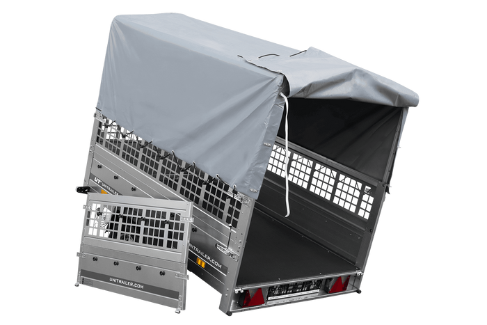 Einachsanhänger auf Federn 200x125 UNITRAILER GARDEN 201/R KIPP mit Gitterwänden, H-800-Rahmen und grauer Plane