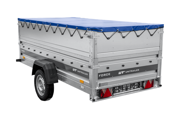 Leichter Anhänger 264x125 UNITRAILER FORCE 264 KIPP mit BIS-Seitenwänden, H-0-Rahmen und blauer Plane