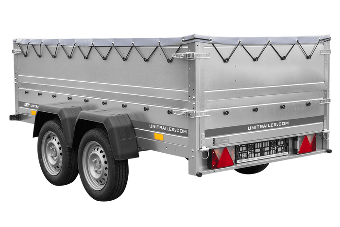 GARTENANHÄNGER 264/2 KIPP Zweiachs-Anhänger mit Stützrad, H-0-Rahmen, zusätzlichen Bordwänden und grauer Plane