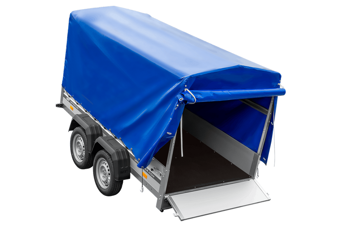 Zweiachsiger Anhänger mit Aluminiumseitenwänden 264x125 Unitrailer Garden 264/2 KIPP ALU mit Rahmen H-1100 und blauer Plane