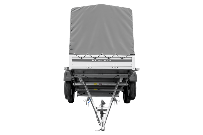 Zweiachsiger Anhänger mit Aluminiumseitenwänden 264x125 Unitrailer Garden 264/2 KIPP ALU mit Rahmen H-1100 und grauer Plane
