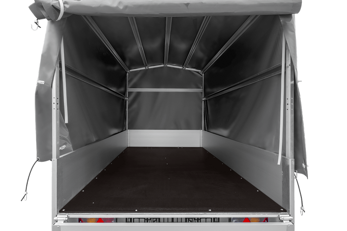 Zweiachsiger Anhänger mit Aluminiumseitenwänden 264x125 Unitrailer Garden 264/2 KIPP ALU mit Rahmen H-1100 und grauer Plane