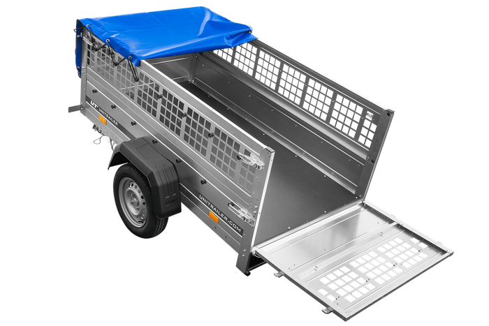 Einachsanhänger 200x106 UNITRAILER GARDEN 200 KIPP mit Maschenseitenwänden und blauer Plane