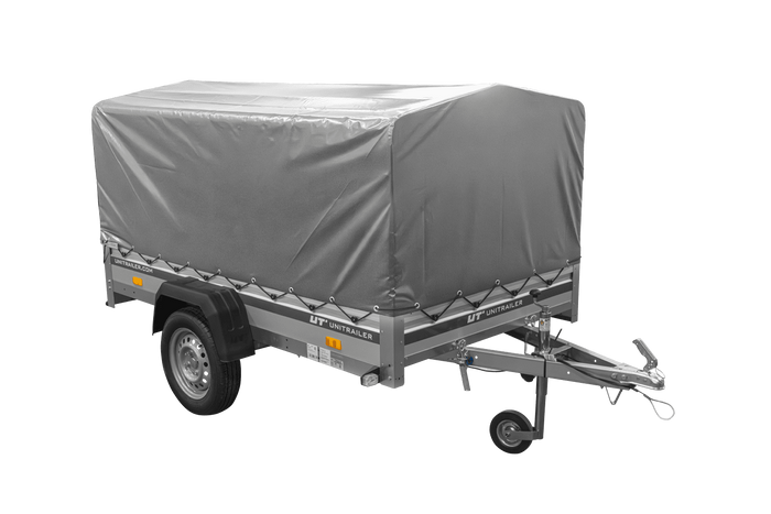 Einachsanhänger mit ALU-Bordwänden 230x125 Unitrailer Garden 230 KIPP ALU mit H-800 Rahmen und grauer Plane