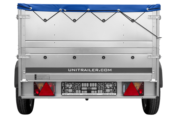 Autotransportanhänger 200x125 UNITRAILER GARDEN 201 KIPP mit BIS-Seitenwänden und blauer Plane