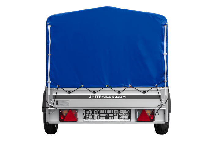 Einachsiger Anhänger auf Blattfedern mit Aluminiumseitenwänden 230x125 Unitrailer Garden 230/R KIPP ALU mit H-800 Rahmen und blauer Plane