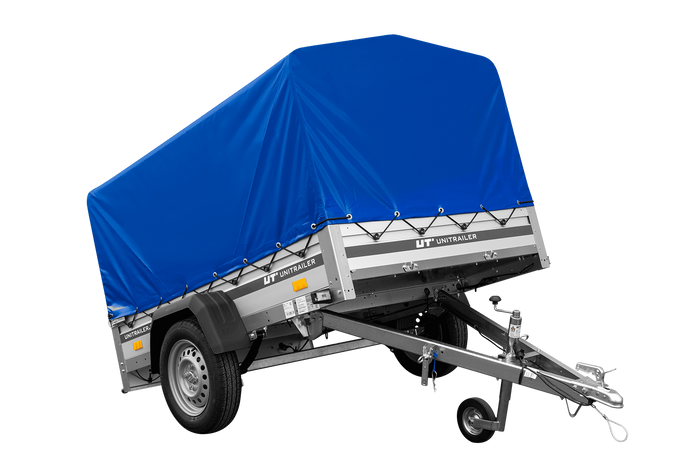 Autotransportanhänger auf Federn mit Aluminiumseitenwänden 200x125 Unitrailer Garden 201/R KIPP ALU mit H-800 Rahmen und blauer Plane