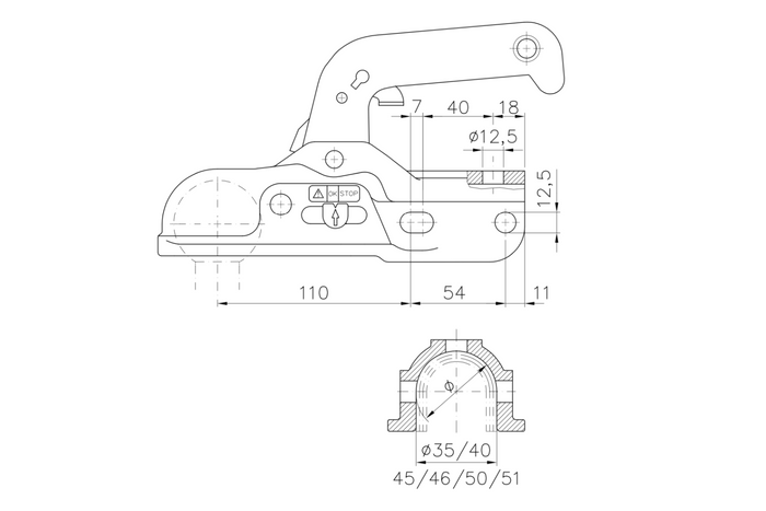 WINTERHOFF WW 30-K+Z Kugelkupplung für einen 3000 kg Anhänger mit 35-51 mm Rohrzugstange, Gusseisen