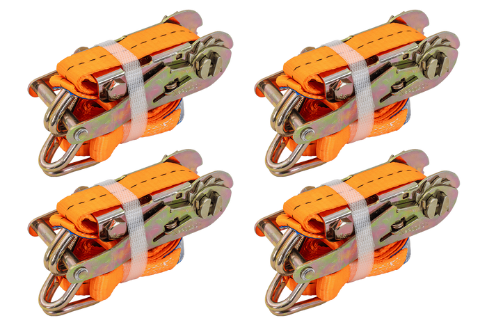 Satz aus vier UNITRAILER 3m/25mm/1t orangefarbenen Transportgurten mit Spannvorrichtung