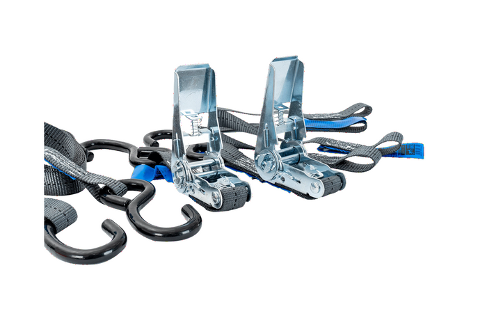 Set aus zwei HILLS 3 m/25 mm/1 t Transportgurten mit Spannvorrichtung und zwei 0,45 m Gurten zur Sicherung des Motorrads
