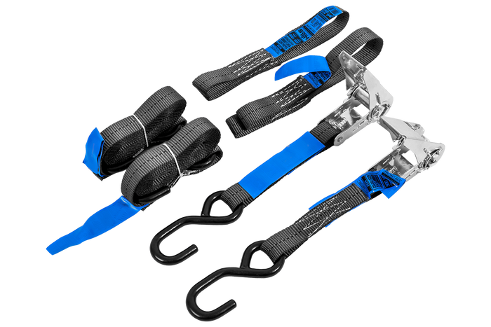 Set aus zwei HILLS 3 m/25 mm/1 t Transportgurten mit Spannvorrichtung und zwei 0,45 m Gurten zur Sicherung des Motorrads