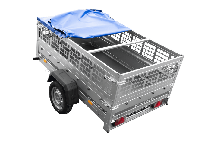 PKW-Anhänger 200x125 UNITRAILER GARDEN 201 KIPP mit Gitteraufsatz, blauer Flachplane und Flachplanenträger