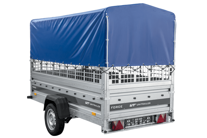 Autotransportanhänger auf Federn 264x125 UNITRAILER FORCE 264/R KIPP mit Gitterwänden, H-800 Rahmen und blauer Plane
