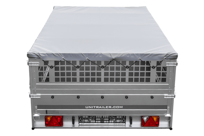 Leichter Anhänger auf Blattfedern 264x150 UNITRAILER GARDEN 265/R KIPP mit Gitterwänden, H-0 Rahmen und grauer Plane