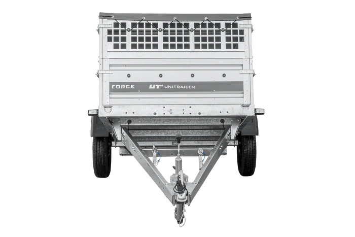 Einachsanhänger 230x125 UNITRAILER FORCE 230 KIPP mit Gitterwänden, H-0-Rahmen und grauer Plane