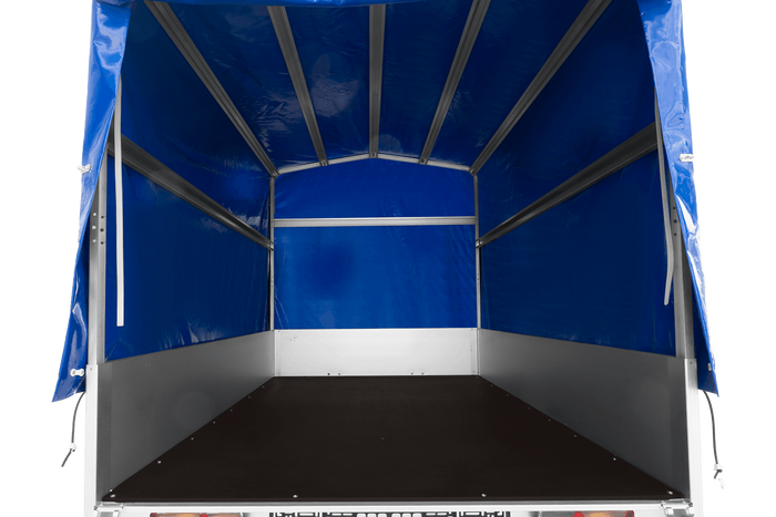 Autoanhänger mit Aluminiumseitenwänden 264x125 Unitrailer Garden 264 KIPP ALU mit H-1100 Rahmen und blauer Plane