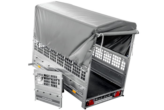 Autotransportanhänger 200x106 UNITRAILER GARDEN 200 KIPP mit Gitterwänden, H-800 Rahmen und grauer Plane