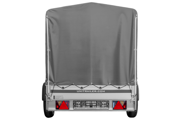 Autotransportanhänger mit Aluminiumwänden 230x125 Unitrailer Garden 230 KIPP ALU mit H1100-Rahmen und grauer Plane