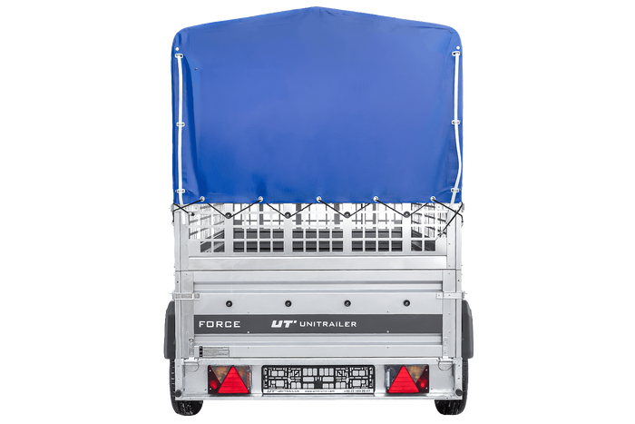 Einachsanhänger 230x125 UNITRAILER FORCE 230 KIPP mit Gitterseitenwänden, H-0-Rahmen und blauer Plane
